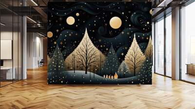 AI-generated illustration of a stylized forest on a magical winter night. MidJourney. Wall mural