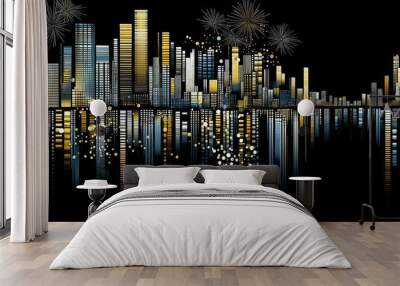 Illustration of a waterfront nighttime cityscape with colorful skyscrapers and celebratory fireworks Wall mural