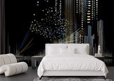 Landscape illustration of a nighttime waterfront city skyline scene with celebratory fireworks in black, white, blue and yellow Wall mural