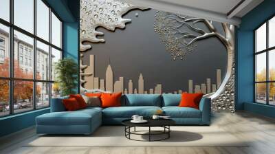 Stylized bas relief of texture, a city skyline and a tree framing an open space in silver, gray and gold Wall mural