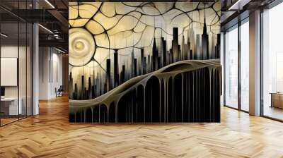 Stylized illustration featuring a city skyline framed by a design of organic web or net or vines, in subdued black, gray, yellow and off-white Wall mural