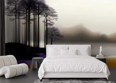 Stylized landscape illustration featuring trees at water's edge in black, white, orange and purple. Minimalist. Wall mural