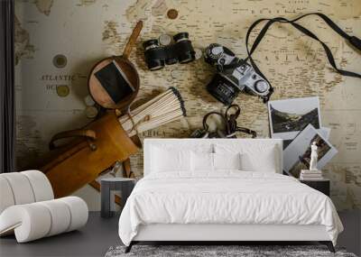 vintage map, antique film cameras, binoculars and matches  Wall mural