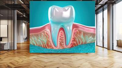 a 3D render of a healthy tooth surrounded by a blue ring on a blue background. Wall mural