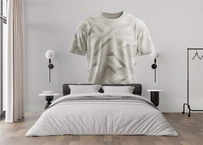 a 3D render of a mock-up t-shirt with a geometric pattern and an oversized fit. The t-shirt is black, grey, and white, displayed against a minimalistic background with soft shadows. Wall mural