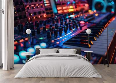 A close-up of a synthesizer and a keyboard in a dimly lit electronic music studio. The synthesizer and keyboard are surrounded by colorful lights. Wall mural