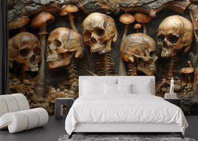 a collection of human skulls and skeletons, arranged in a forest setting. The skulls are all human, and some have been placed with mushrooms and other forest items, to give a creepy feel.  Wall mural