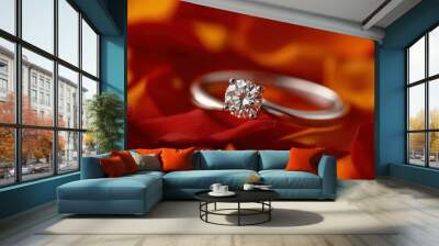 A diamond ring is set in a red rose petal. The ring is a symbol of love and commitment, and the rose petal adds a romantic and delicate touch to the scene Wall mural