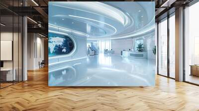 A futuristic office interior with a curved white ceiling and walls. Wall mural