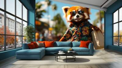 A red panda wearing sunglasses and a Hawaiian shirt is walking down a street. The panda is carrying a shopping bag Wall mural