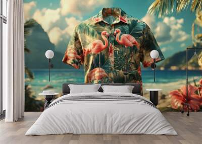 A shirt with two pink flamingos on it is displayed on a beach Wall mural