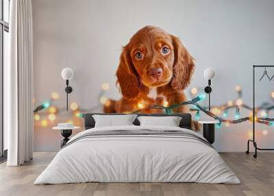 A small brown dog is laying on a white surface with a string of Christmas lights around it. The dog appears to be looking at the camera with a curious expression Wall mural