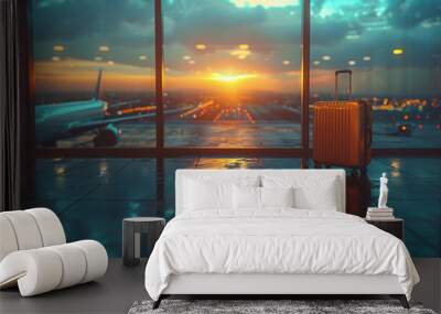 A suitcase is sitting on the floor in front of a window at an airport. The sky outside is orange and the sun is setting Wall mural