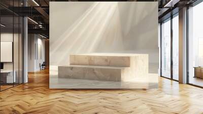 A white pedestal with two steps and a shadow on it. The pedestal is made of stone and is in a room with a lot of light Wall mural