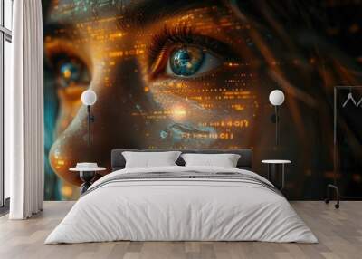 A woman's face is covered in a glowing orange code. Her eye is blue and her skin is pale. She is looking at the viewer with a serious expression. The image is set in a dark background. Wall mural