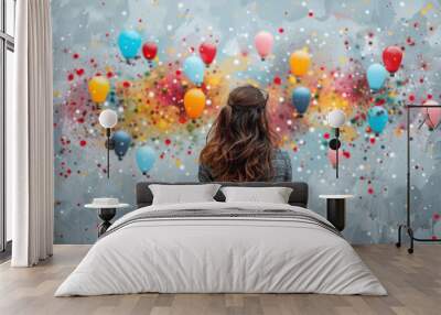 A woman standing in front of a wall of colorful balloons. Wall mural