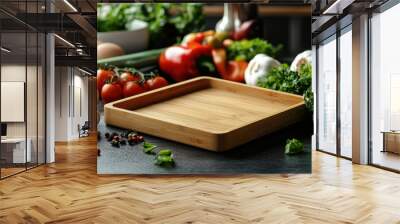 A wooden tray with vegetables on it. The vegetables include broccoli, tomatoes, and garlic Wall mural