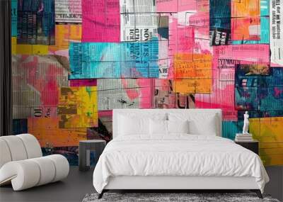 colorful collage made out of newspaper clippings. Wall mural