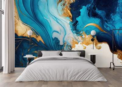 Gold and blue watercolor abstract background. AI generated Wall mural