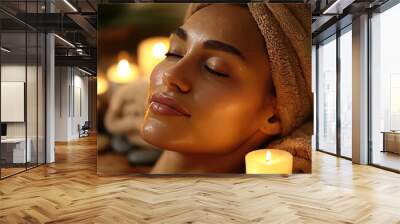 Relaxed woman with a towel on her head enjoying a spa treatment with candles in the background. Wall mural