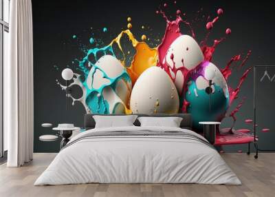 white eggs or easter egg with colorful splashing water background Generative AI Wall mural