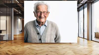 Lifestyle portrait photography of a pleased man in his 80s that is wearing a chic cardigan against a white background . Generative AI Wall mural