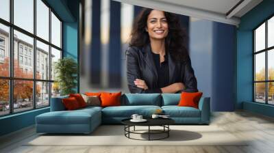 Portrait of a smiling businesswoman standing with arms crossed in the street Wall mural