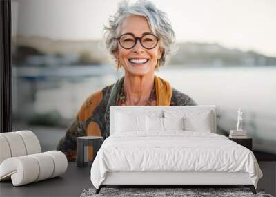 Portrait of smiling senior woman in eyeglasses standing on pier Wall mural