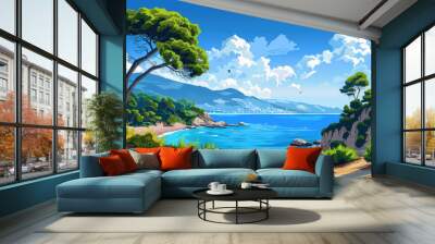 Beautiful scenery with sandy coastline, pure sea water and high blue sky. illustration Wall mural