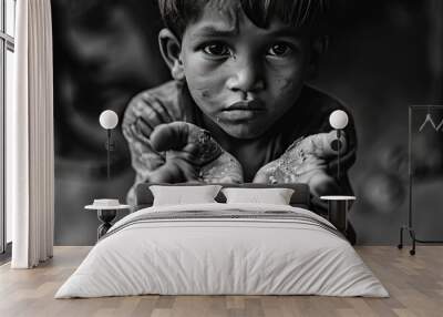 Donate and Charity concept.Two beggar hands palms up from Poor children Concept.Black and white.World refugee day. boy beggar for pray worship Wall mural