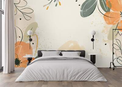 spring flowers, leaves, and daisies arranged in abstract natural line arts. organic shapes background Wall mural