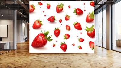 Strawberries. Falling strawberry fruits whole and cut isolated on white background Wall mural