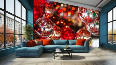 Christmas ornaments on the Christmas tree with bokeh background ball Wall mural