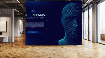 Face ID Scan Recognition AI. Artificial Intelligence Concept. Abstract Digital Particles Human Face. Robotics Concept. Wireframe Head Science Fiction Concept. Vector Illustration. Deep Learning Art. Wall mural