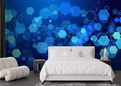 Hexagonal Abstract Technology Background. Hexagons Pattern for Tech Communication Design. Hi-tech Cyber Hexagon Sci-Fi Game Banner Grid. Blue Science Vector Illustration. Wall mural