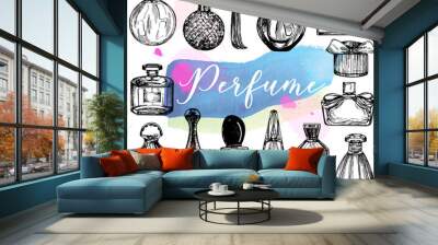 Set of hand drawn sketch style bottles of perfume isolated on white background. Vector illustration. Wall mural