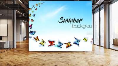 autiful Abstract Summer nature background with Colorful Butterflies and Blue Sky with White Clouds. Vector. Wall mural