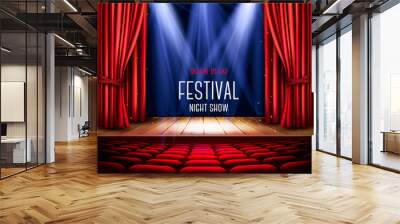 Background with a red curtain and a spotlight. Festival night show poster. Vector. Wall mural