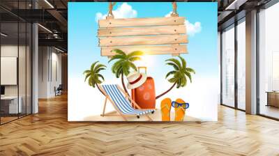 Beach with palm trees and wooden sign. Summer vacation concept background. Vector. Wall mural