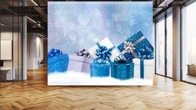 christmas blue background with gift boxes and snowflakes. vector Wall mural