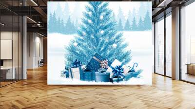 Christmas holiday background with a blue tree and presents. Vector. Wall mural