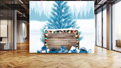 Christmas holiday background with a blue tree and wooden board. Vector. Wall mural