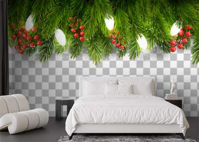 Christmas holiday decoration with branches of tree and garland on transparent background. Vector. Wall mural