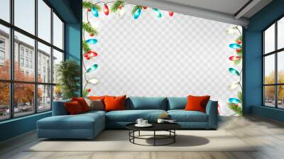 Christmas holiday decoration with branches of tree and garland on transparent background. Vector. Wall mural