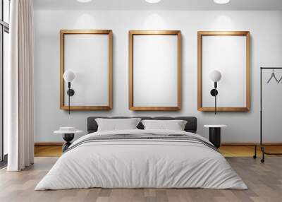 Empty wooden frames on wall with spotlights and wooden floor. Ve Wall mural