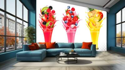 Fruit in juice splashes. Strawberry, guava, kiwi, pineapple, mango, peach, raspberry, blackberry, lychee. Vector. Wall mural