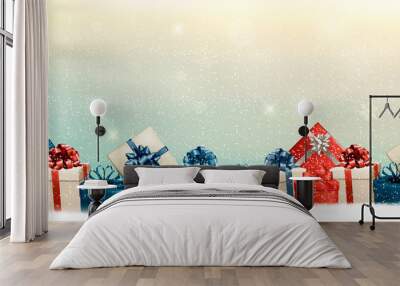 Holiday Christmas background with a border of gift boxes. Vector Wall mural