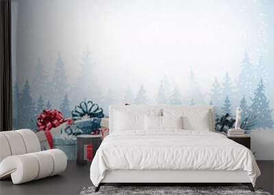 holiday christmas background with a gift boxes and santa hat. ve Wall mural