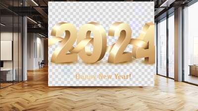 Merry Christmas and Happy New Year 2024. Golden 3D numbers with gold ribbon on transparent background. Festive realistic design. Holiday party 2024 web poster. Vector Wall mural