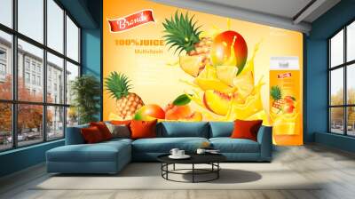 Mulitivitamin juice with fresh fruits and splashing liquid. Design template. Vector. Wall mural